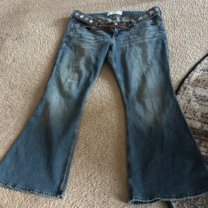 Women's Hollister Blue Flared Jeans Ultra Low Rise Denim Size 14 Rodeo Belted